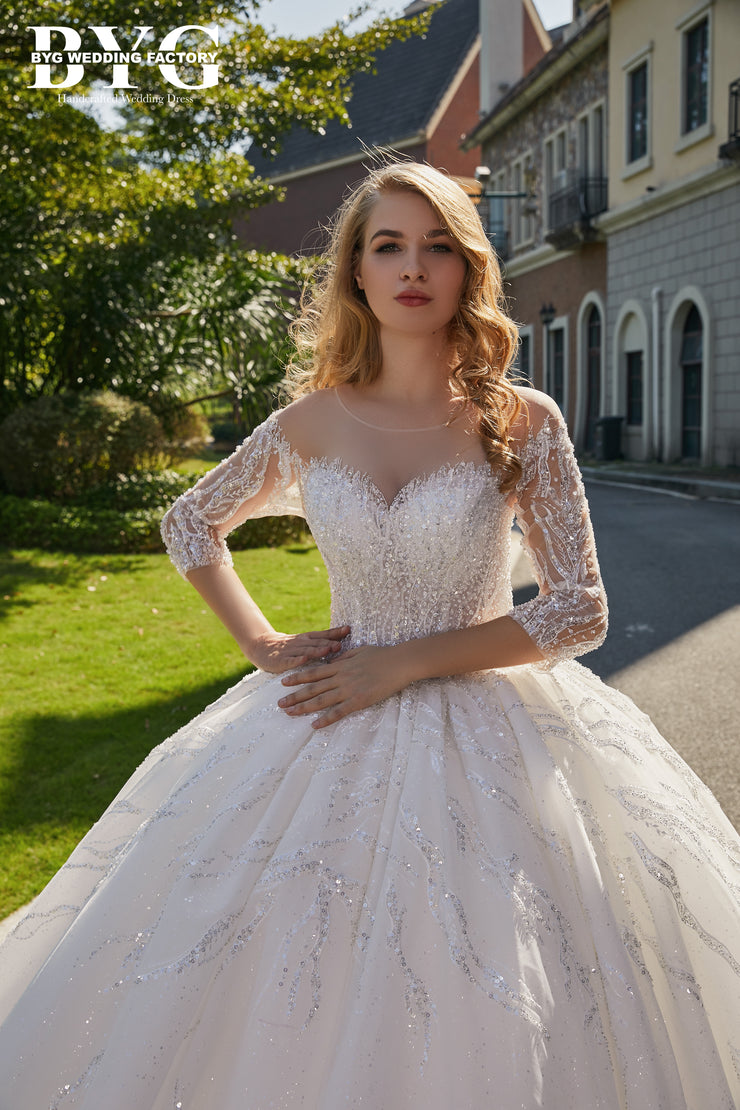 Queen style sleeves off the shoulder sparkly white ballgown wedding dress  with glitter tulle - various styles